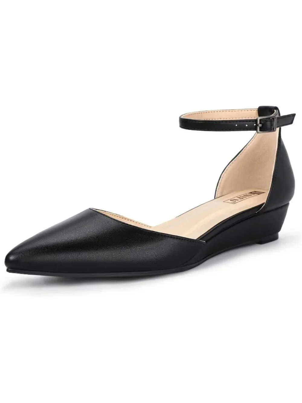 Women's Black PU Low Wedge Flats Closed Pointed Toe Adjustable Ankle Strap Shoes